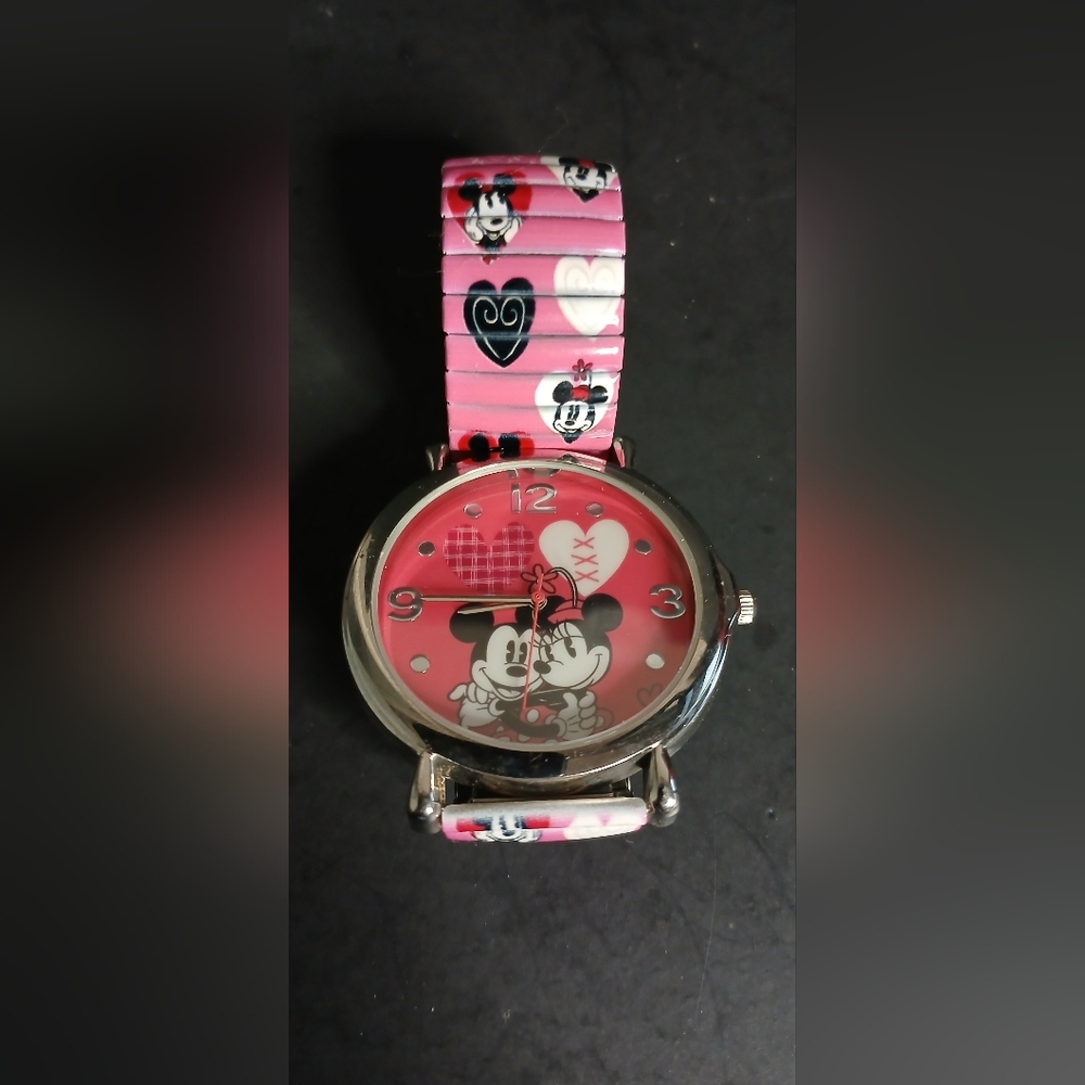 Disney MZB Minnie and Mickey Mouse Silertone Watch ( Pink Heart theme design)